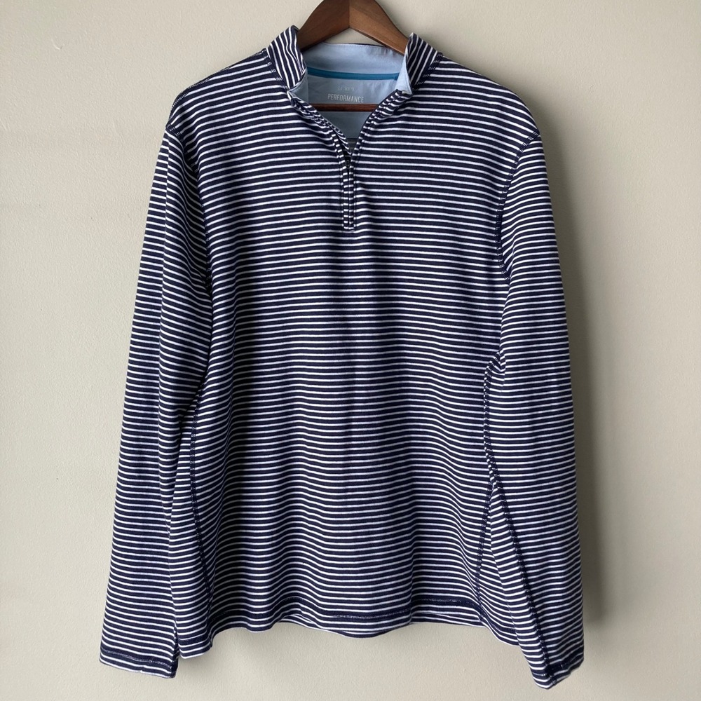 J.Crew Performance Mens XL Quarter Zip Pullover Navy White Striped